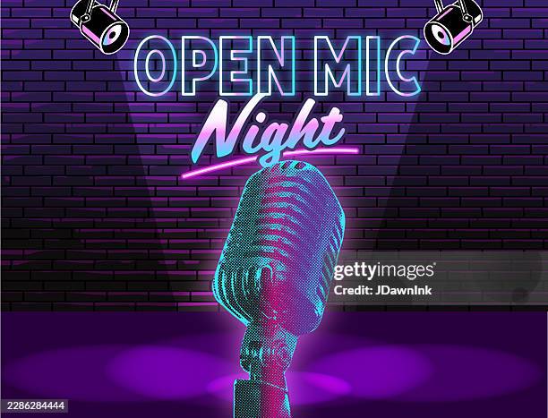 retro cardioid microphone halftone style open mic night neon poster flyer with purple brick wall and spotlight for entertainment night restaurant, theatre, comedy club and bar nightlife - improv stock illustrations