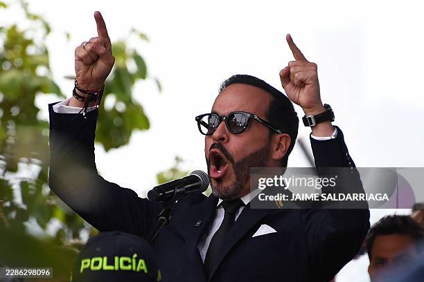 Colombia's president-elect Abelardo de la Espriella delivers a speech during a military parade commemorating Colombia's Independence Day in Medellin,...