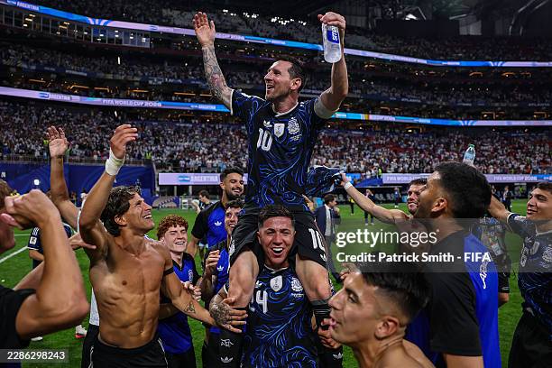 Lionel Messi of Argentina and teammates celebrate after the 2-1 win during the FIFA World Cup 2026 Semi Final match between England and Argentina at...