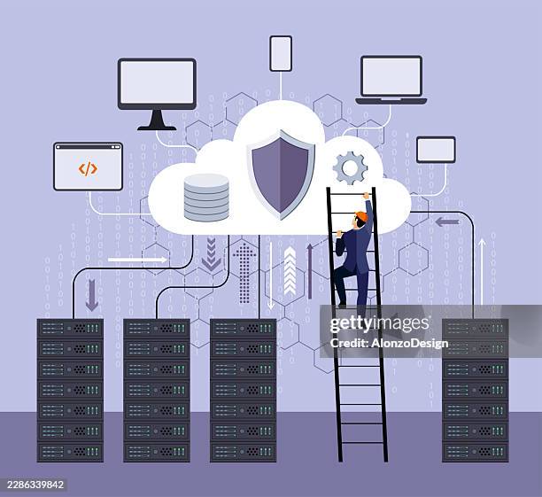 cloud computing infrastructure with cybersecurity protection, servers, database and network maintenance vector illustration - reliability engineering stock illustrations