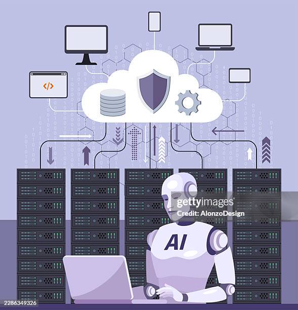 artificial intelligence managing secure cloud computing infrastructure with servers, cybersecurity and data center vector illustration - application programming interface stock illustrations