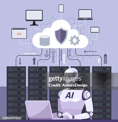 Artificial Intelligence Managing Secure Cloud Computing Infrastructure with Servers, Cybersecurity and Data Center Vector Illustration Artificial Intelligence Managing Secure Cloud Computing Infrastructure with Servers, Cybersecurity and Data Center Vector Illustration