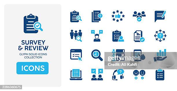 survey and review glyph solid icons. glyph solid icons collection. vector illustration. perfect pixel on clean white background - person comparing stock illustrations