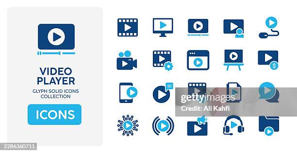 video player glyph solid icons. glyph solid icons collection. vector illustration. perfect pixel on clean white background - video player interface stock illustrations