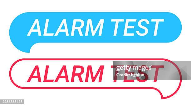 alarm test - blue and red speech bubble on white background - fire alarm testing stock illustrations