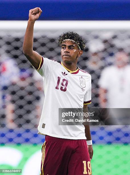 Lamine Yamal of Spain celebrates after Mikel Oyarzabal of Spain scored their team's first goal during the FIFA World Cup 2026 Semi Final match...