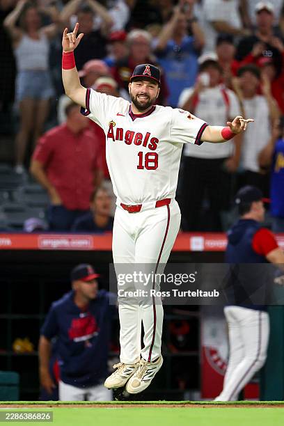 Nolan Schanuel of the Los Angeles Angels reacts after a walk-off hit by pitch to win the game against the St. Louis Cardinals at Angel Stadium of...