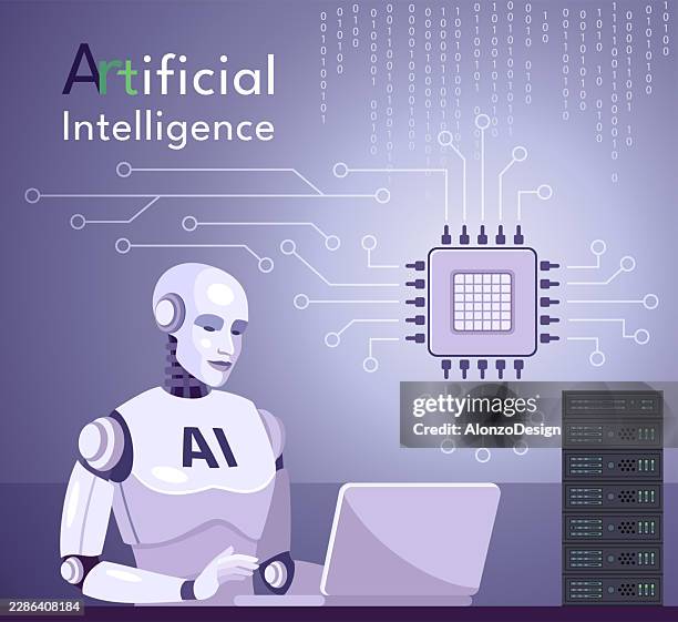 ai robot working on laptop and server network - computer server stack stock illustrations