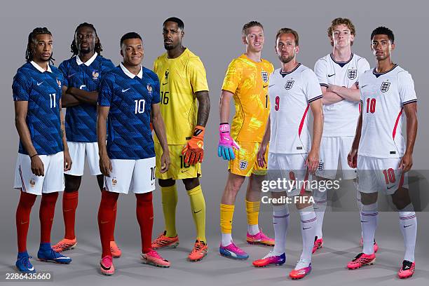 In this photo illustration, Michael Olise, Manu Kone, Kylian Mbappe and Mike Maignan of France and Jordan Pickford, Harry Kane, Anthony Gordon and...