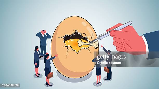 absurd, overly strict requirements or restrictions. isometric view using tweezers to pick out a bone from a cracked egg - crushed egg shells stock illustrations