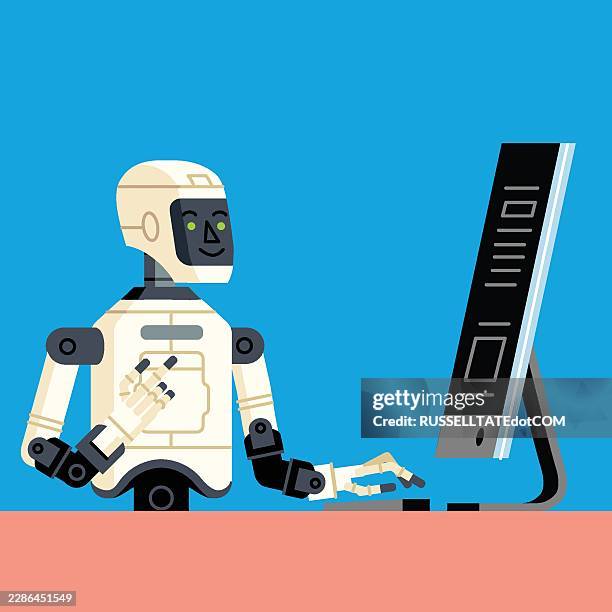 humanoid ai robot working at desktop computer in modern digital workplace - office automation stock illustrations