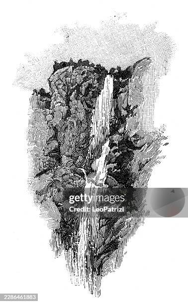 a dramatic waterfall plunges in multiple tiers down a rugged and sheer mountain cliffside - cataract stock illustrations