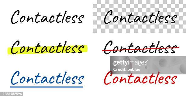 contactless - handwritten text, highlighted, crossed out, underlined on blank background - contactless delivery stock illustrations