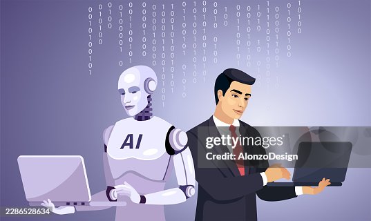 Artificial Intelligence and Human Collaboration Using Laptops for Business, Digital Transformation and Future Technology Vector Illustration Artificial Intelligence and Human Collaboration Using Laptops for Business, Digital Transformation and Future Technology Vector Illustration