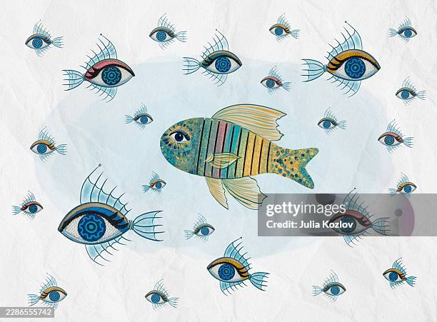 under constant digital surveillance – handcrafted wooden fish surrounded by robotic eye fish, conceptual mixed media illustration - surrounded by data stock illustrations