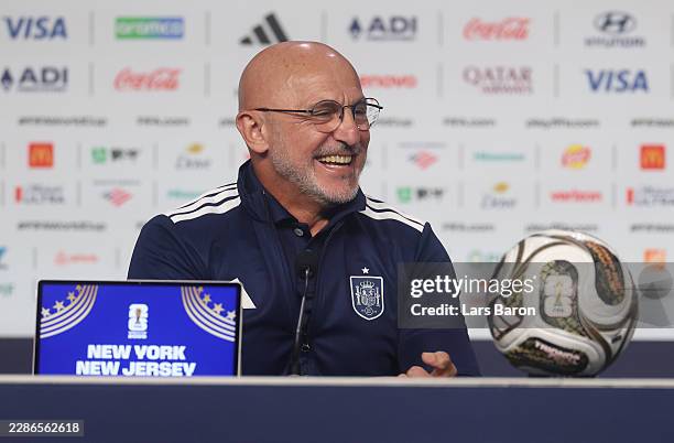 Luis de la Fuente, Head Coach of Spain, reacts while speaking with the media during a press conference ahead of the FIFA World Cup 2026 Final between...