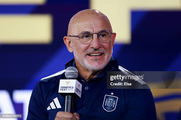 Luis De La Fuente, Head Coach of Spain, speaks during a press conference ahead of the FIFA World Cup 2026 Final at Fanatics Fest at Javits Center on...