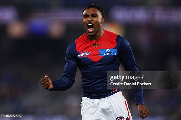 Kysaiah Pickett of the Demons celebrates kicking a goal during the round 19 AFL match between North Melbourne Kangaroos and Melbourne Demons at...