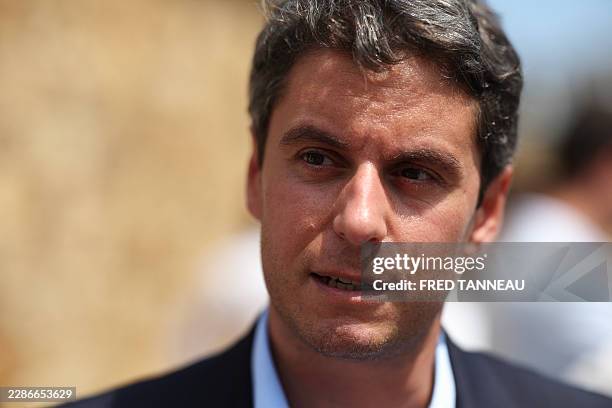 General Secretary of French centrist party Renaissance Gabriel Attal looks on during a visit of the "Warhol" exhibition in Landerneau, western...