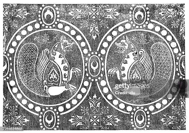 sicilian-arabic textile with paired griffins — heraldic winged creatures face one another within circular medallions surrounded by pearls and floral ornaments - arabic pattern circle stock illustrations