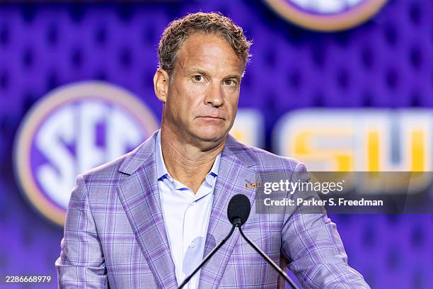 Head Coach Lane Kiffin of the LSU Tigers speaks at SEC Football Kickoff Media Day at Tampa Marriott Water Street on July 23, 2026 in Tampa, Florida.
