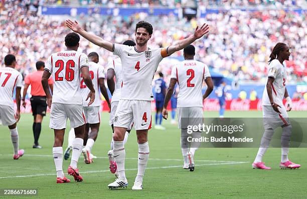 Declan Rice of England celebrates scoring his team's first goal during the FIFA World Cup 2026 Bronze Final between France and England at Miami...