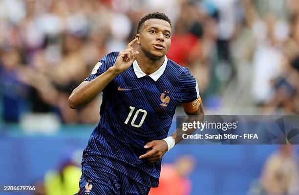 Kylian Mbappe of France celebrates after scoring his team’s third goal during the FIFA World Cup 2026 Bronze Final between France and England at...