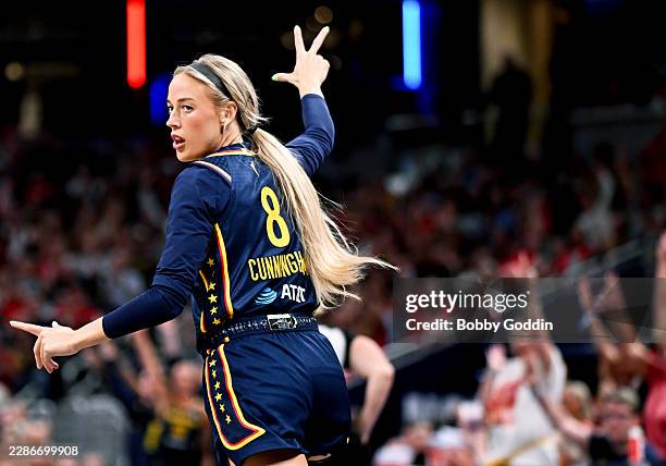 Sophie Cunningham of the Indiana Fever reacts against the New York Liberty during the first half at Gainbridge Fieldhouse on July 18, 2026 in...