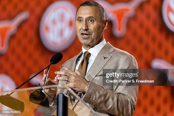 Head Coach Steve Sarkisian of the Texas Longhorns speaks at SEC Football Kickoff Media Day at Tampa Marriott Water Street on July 23, 2026 in Tampa,...
