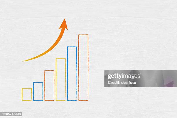 colorful cute outlined bar graph chart with rising progressing curved up arrow painted over scratched rough blank white light gray vector background with copy space for success, business strategy, growth - yellow stucco stock illustrations