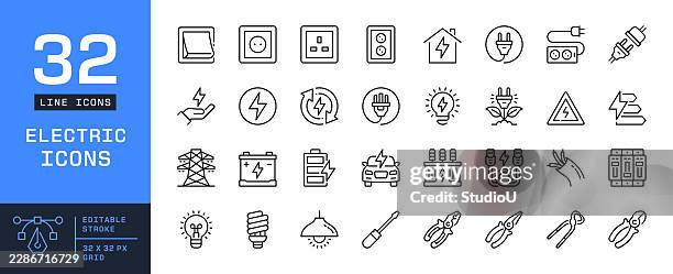 electrical elements line icons - extension cord stock illustrations