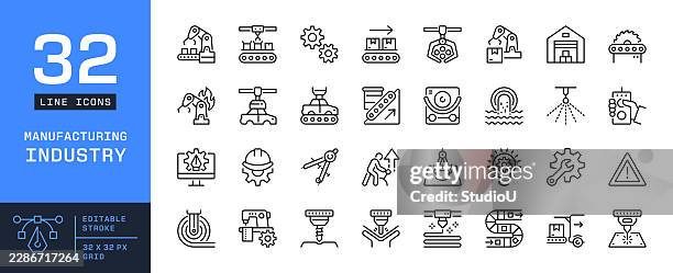 manufacturing industry line icons - cnc machine stock illustrations