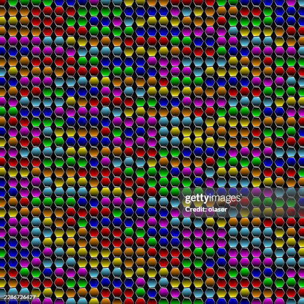a dense repeating hexagon pattern filled with bright multicolored cells on a dark background, creating a vibrant mosaic-like surface with strong contrast and a metallic sheen. - bright future vector stock illustrations