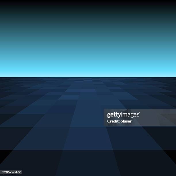 a minimal blue landscape with a glowing cyan horizon above a dark tiled floor, creating a clean futuristic scene with strong depth and perspective. - dark web stock illustrations