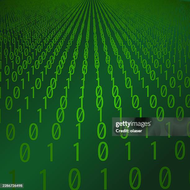 green binary digits form rows that recede into the distance across a dark green background, creating a futuristic data-themed perspective with a glowing digital pattern. - literacy background stock illustrations
