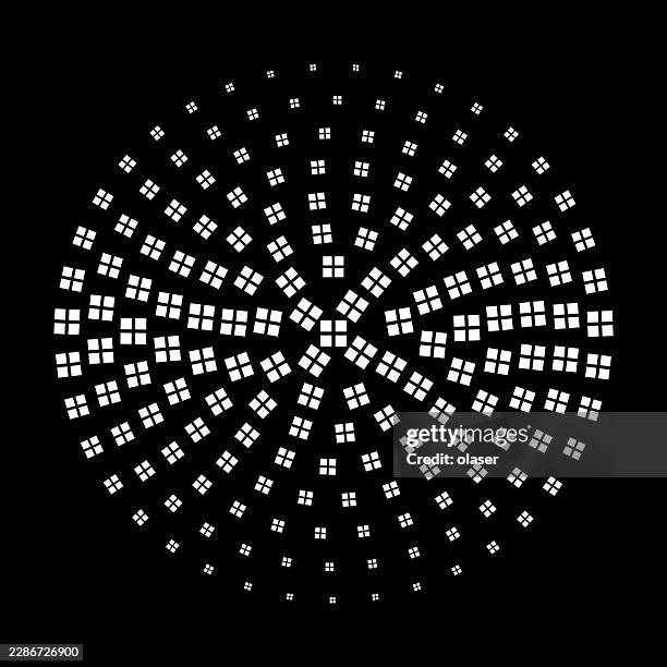 a black background with a circular pattern composed of white square clusters arranged in concentric rings. - round table stock illustrations