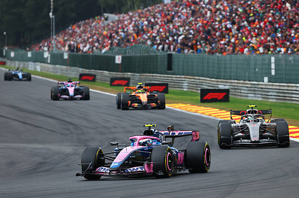 Franco Colapinto of Argentina driving the Alpine F1 A526 Mercedes leads Gabriel Bortoleto of Brazil driving the Audi F1 Team R26 on track during the...