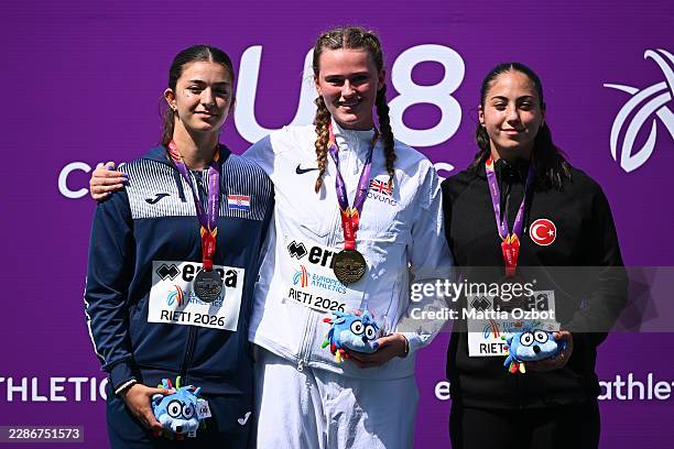 Silver medallist Ema Trogrlic of Team Croatia, gold medallist Lucy Bull of Team Great Britain and bronze medallist Simanur Bilgili of Team Türkiye...