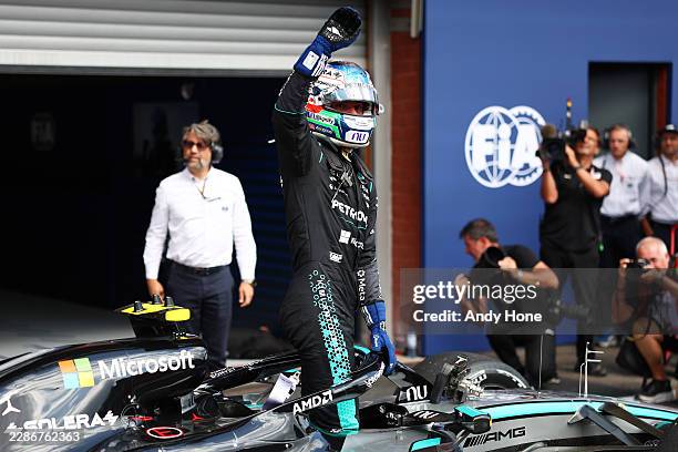 Race winner Andrea Kimi Antonelli of Italy and Mercedes AMG Petronas F1 Team celebrates on arrival in parc ferme during the F1 Grand Prix of Belgium...