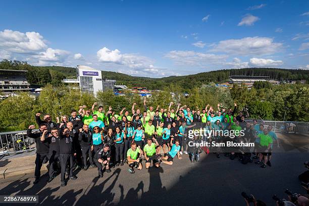 Race winner Andrea Kimi Antonelli of Italy and Mercedes AMG Petronas F1 Team celebrates with his team during the F1 Grand Prix of Belgium at Circuit...