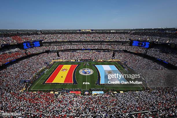 Players and match officials line up before the FIFA World Cup 2026 Final match between Spain and Argentina at New York New Jersey Stadium on July 19,...