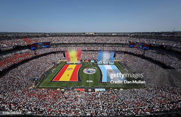 Players and match officials line up before the FIFA World Cup 2026 Final match between Spain and Argentina at New York New Jersey Stadium on July 19,...