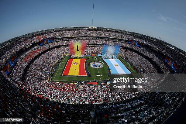 Players and match officials line up before the FIFA World Cup 2026 Final match between Spain and Argentina at New York New Jersey Stadium on July 19,...