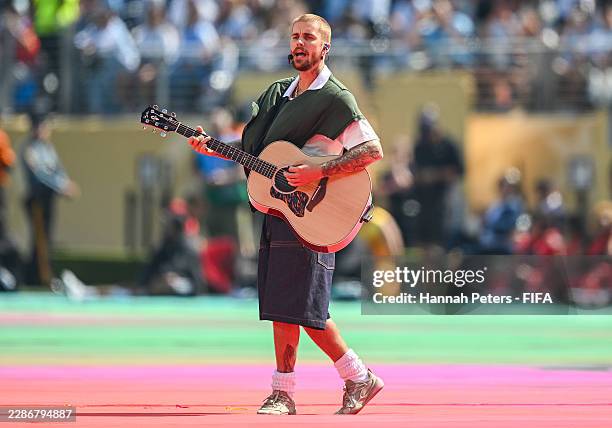 Justin Bieber performs during the Topps Final Halftime Show the FIFA World Cup 2026 Final match between Spain and Argentina at New York New Jersey...
