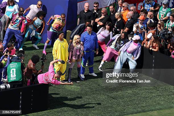 Ronaldinho, Madonna and Ronaldo perform during the Topps Final Halftime Show in the FIFA World Cup 2026 Final match between Spain and Argentina at...