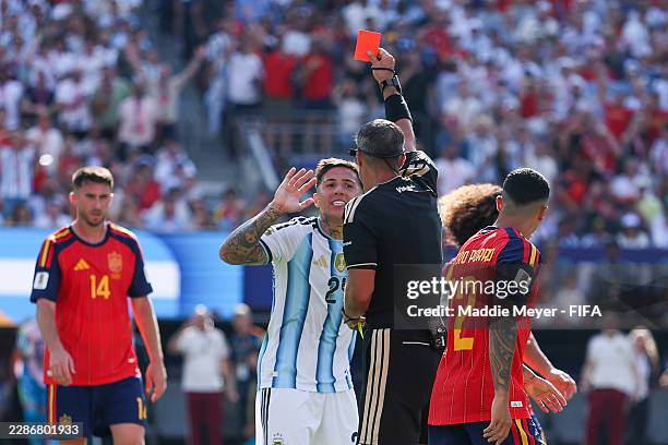 Referee Slavko Vincic shows a red card to Enzo Fernandez of Argentina during the FIFA World Cup 2026 Final match between Spain and Argentina at New...