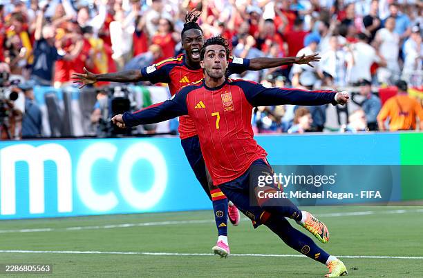 Ferran Torres of Spain celebrates scoring his team's first goal during the FIFA World Cup 2026 Final match between Spain and Argentina at New York...