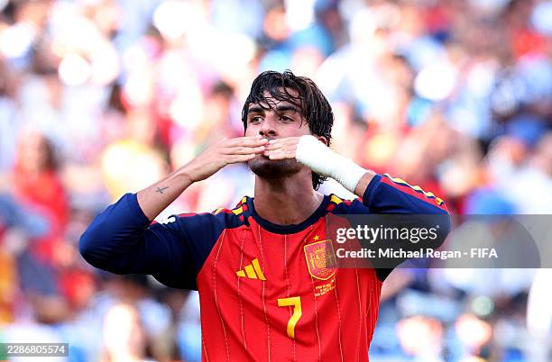 Ferran Torres of Spain celebrates scoring his team's first goal during the FIFA World Cup 2026 Final match between Spain and Argentina at New York...