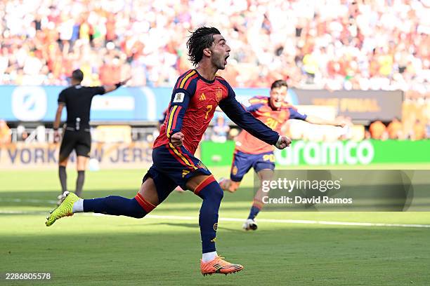 Ferran Torres of Spain celebrates scoring his team's first goal during the FIFA World Cup 2026 Final match between Spain and Argentina at New York...