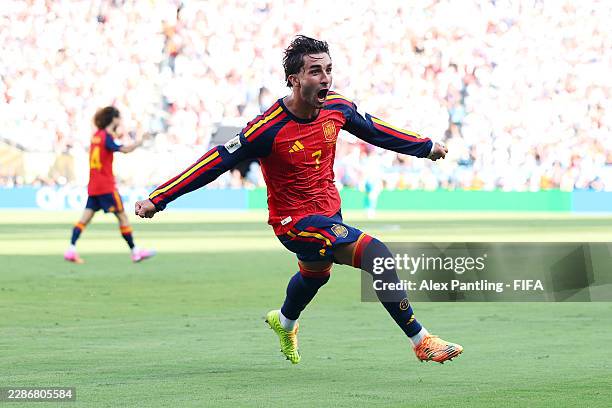Ferran Torres of Spain celebrates scoring his team's first goal during the FIFA World Cup 2026 Final match between Spain and Argentina at New York...